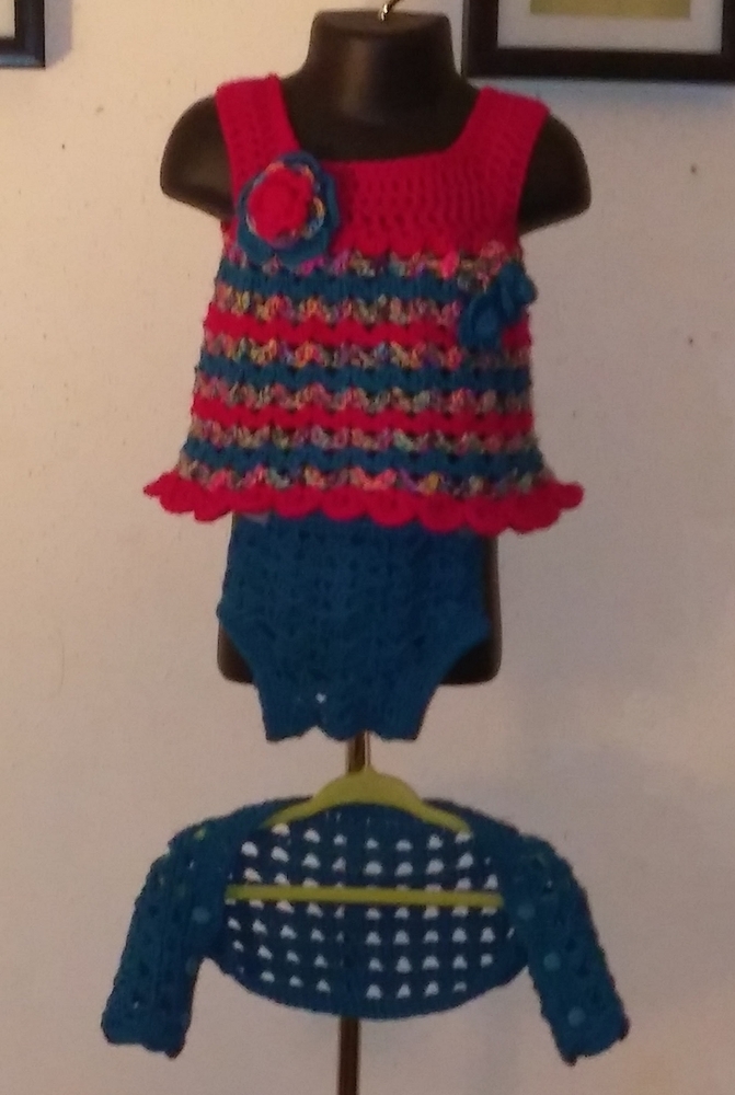 5pc Fuchsia & Teal Blue Dress, Shrug Set..sz 3-6mths.. KrEaTiVe KrOcHeTs By TW!